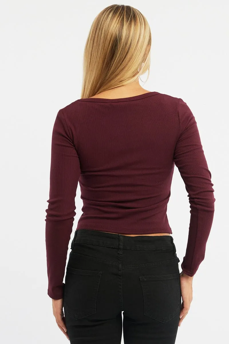 Red Rib Top Long Sleeve Scoop Neck Brushed