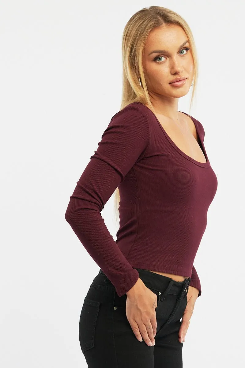 Red Rib Top Long Sleeve Scoop Neck Brushed