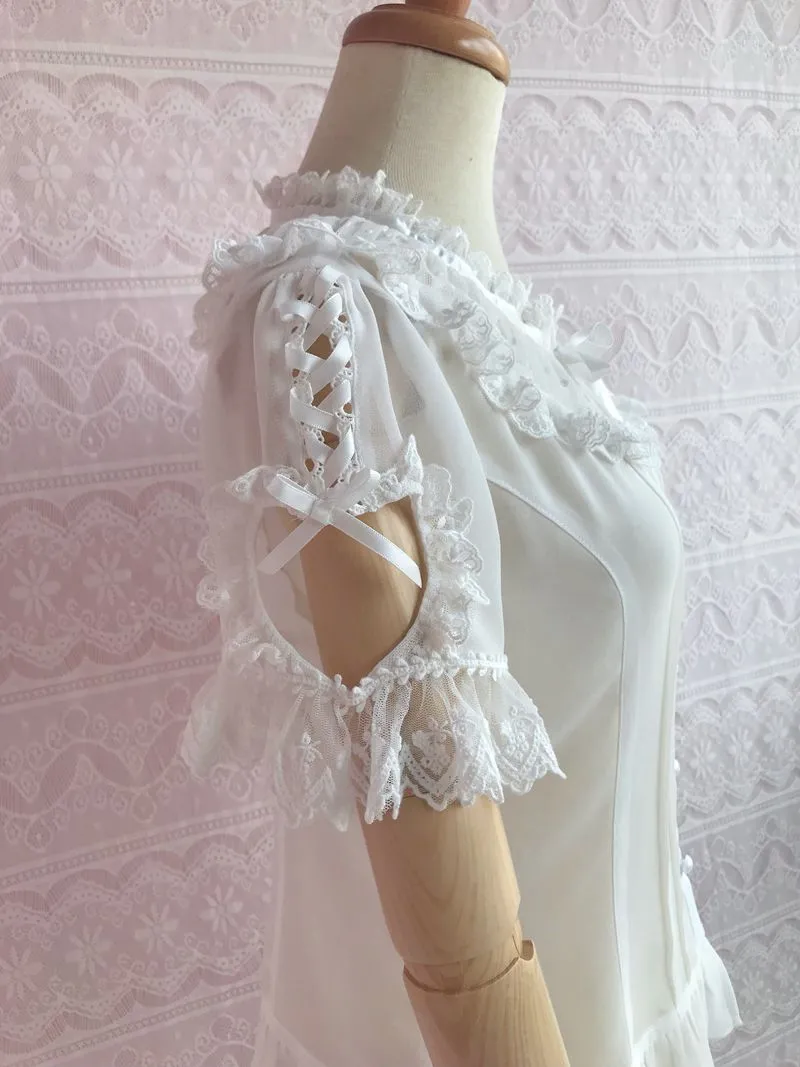 Ruffled Collar Short Sleeve With Heart Cut Outs Blouse