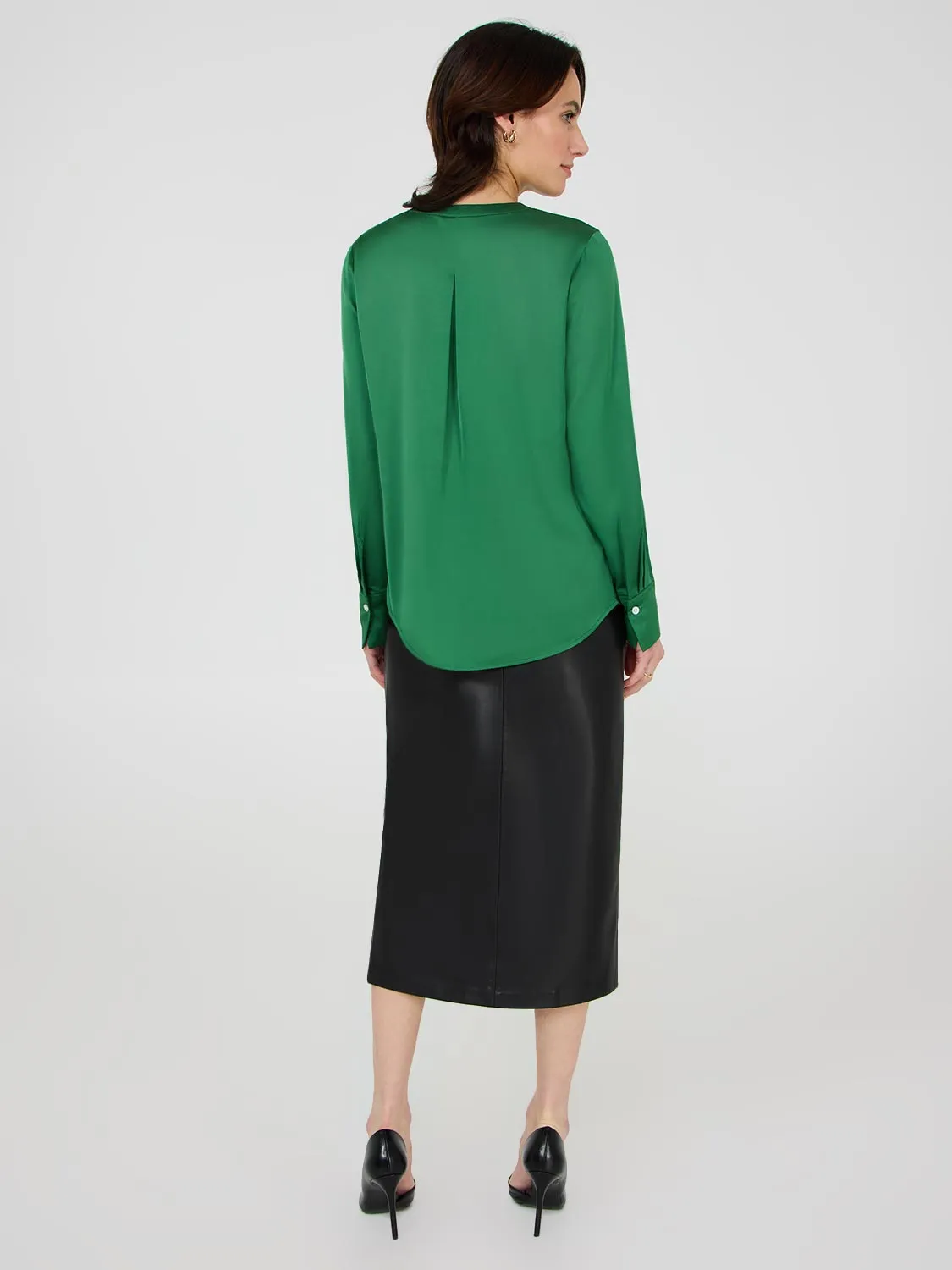 Satin V-Neck Button-Front Blouse