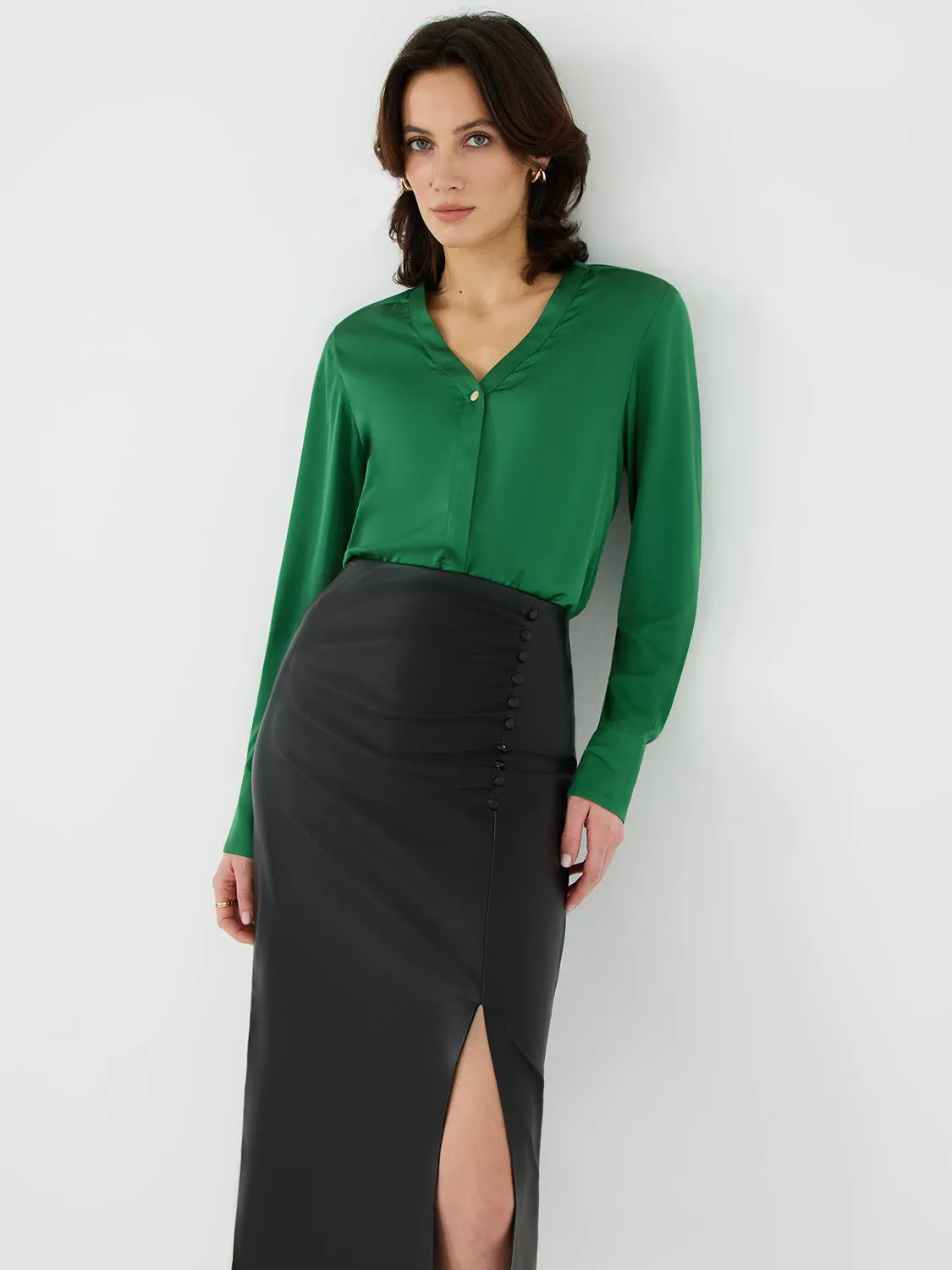 Satin V-Neck Button-Front Blouse