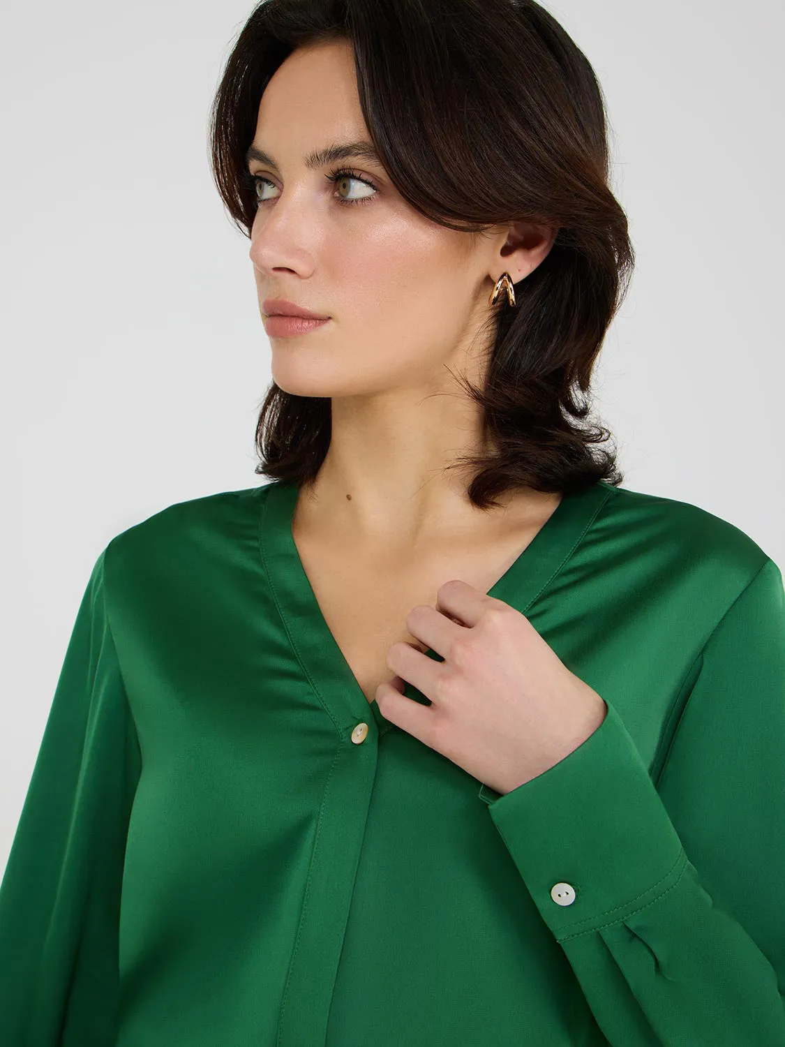 Satin V-Neck Button-Front Blouse