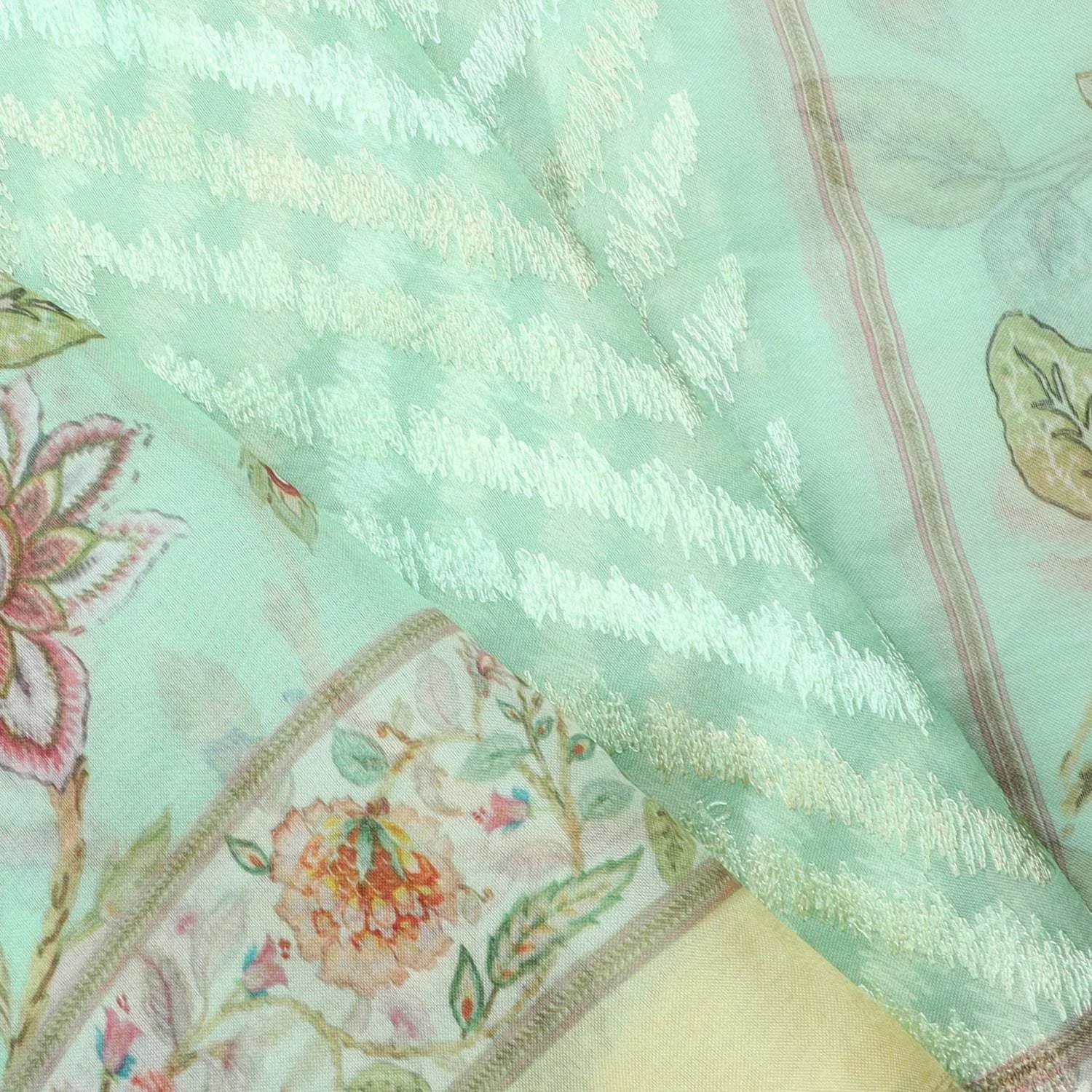 Seafoam Blue Organza Saree With Chevron Embroidery