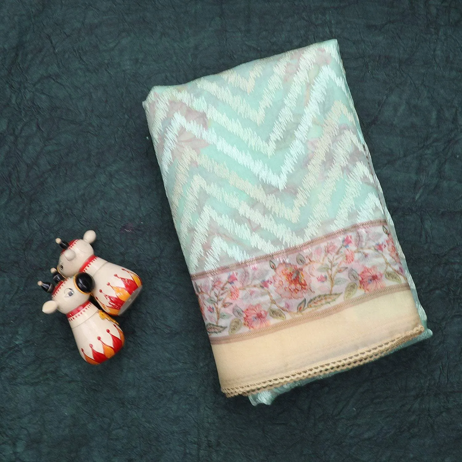 Seafoam Blue Organza Saree With Chevron Embroidery