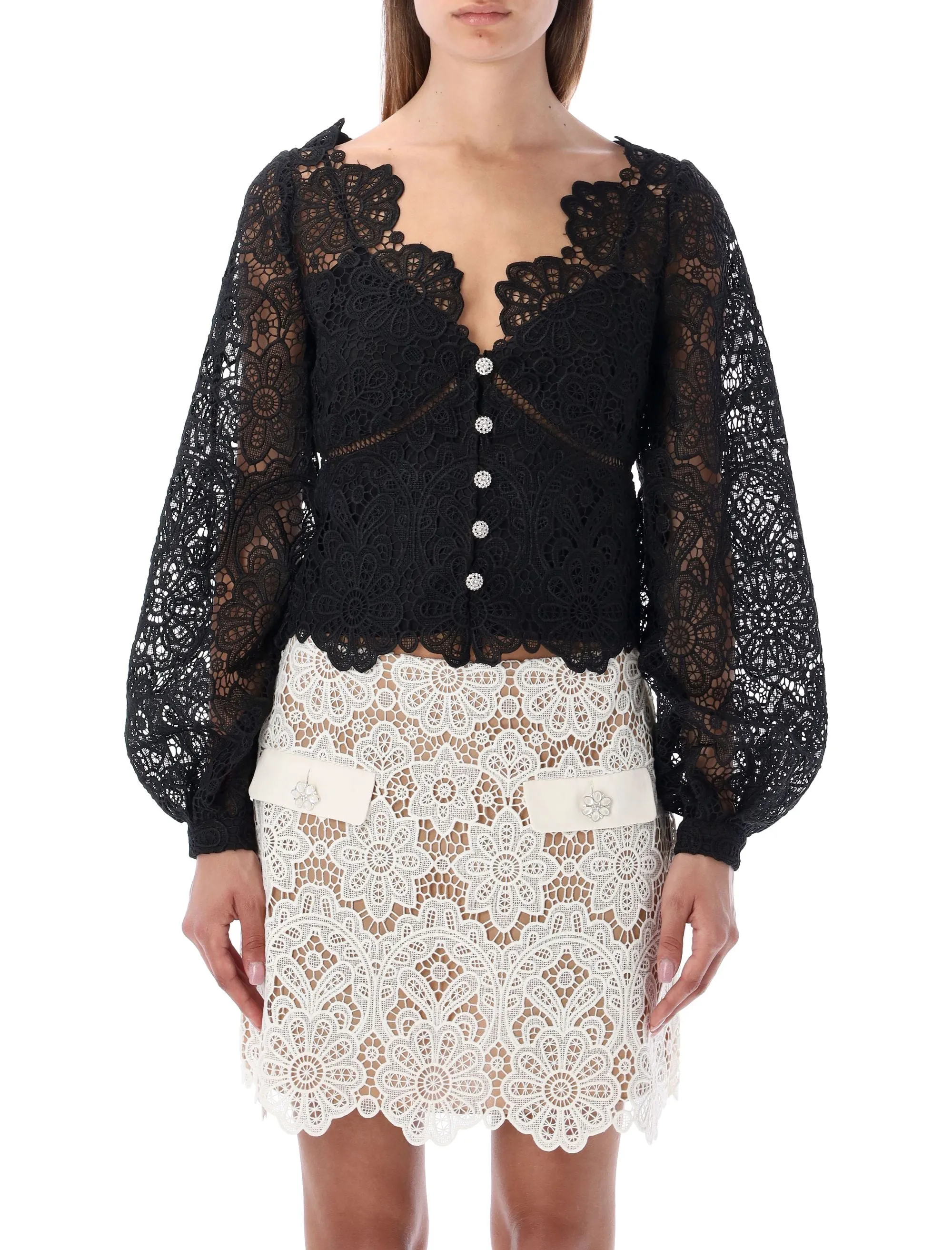 Self-Portrait Floral Guipure Puff-Sleeved Blouse