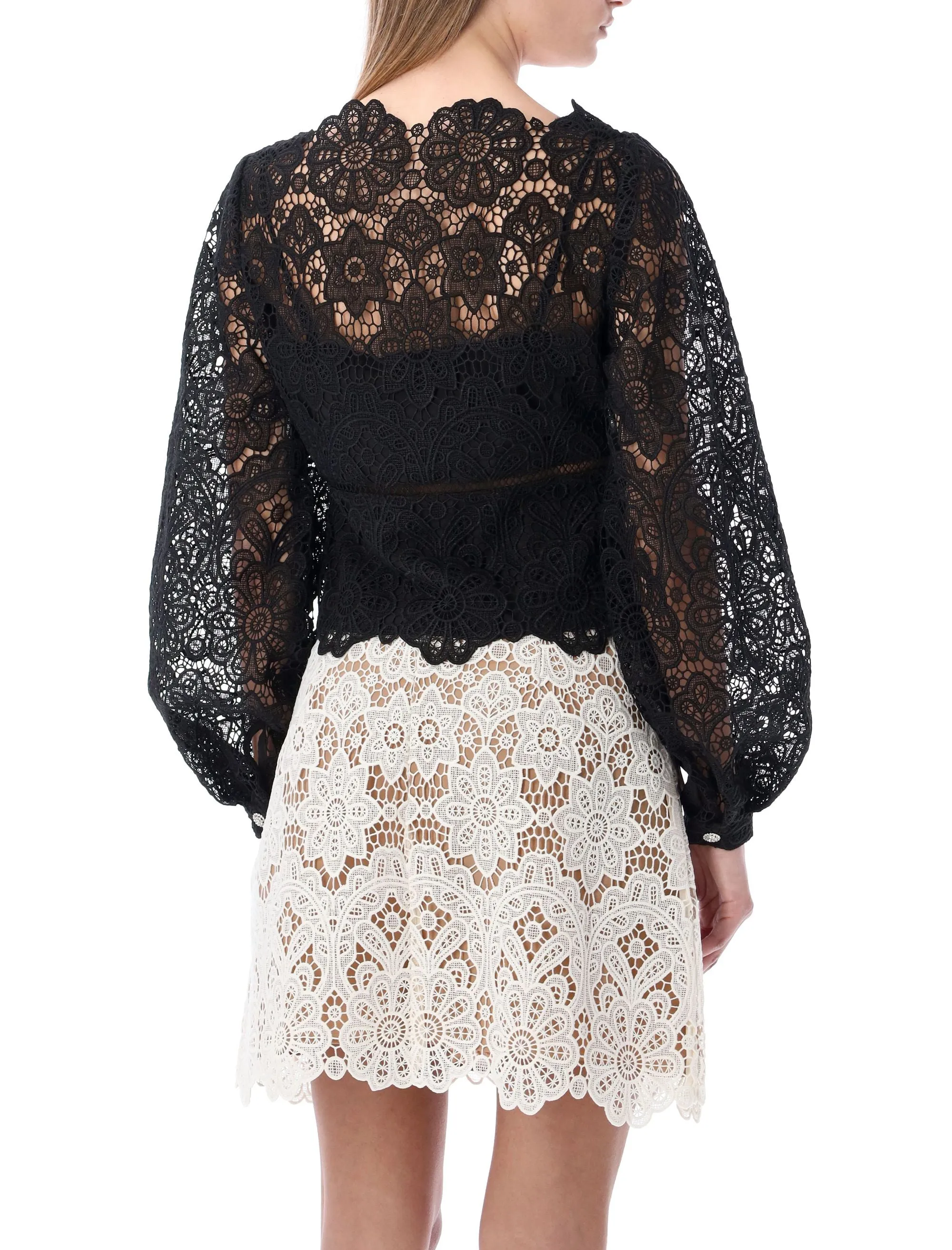 Self-Portrait Floral Guipure Puff-Sleeved Blouse