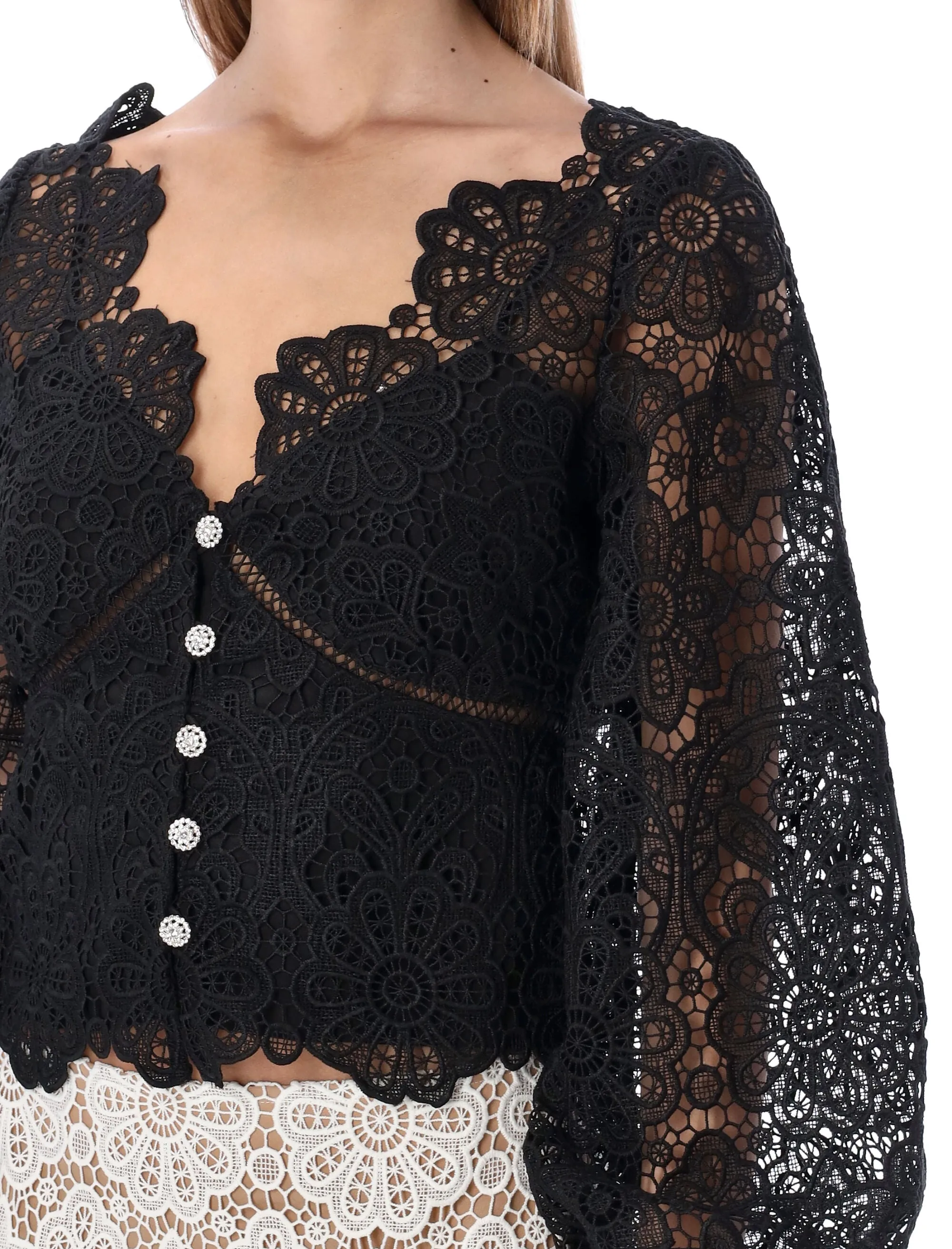 Self-Portrait Floral Guipure Puff-Sleeved Blouse