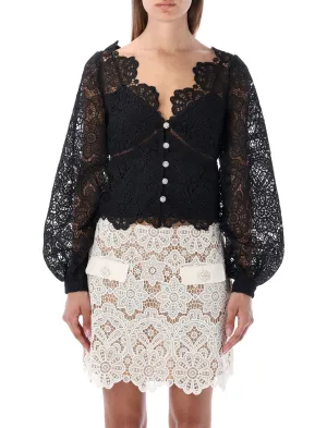 Self-Portrait Floral Guipure Puff-Sleeved Blouse