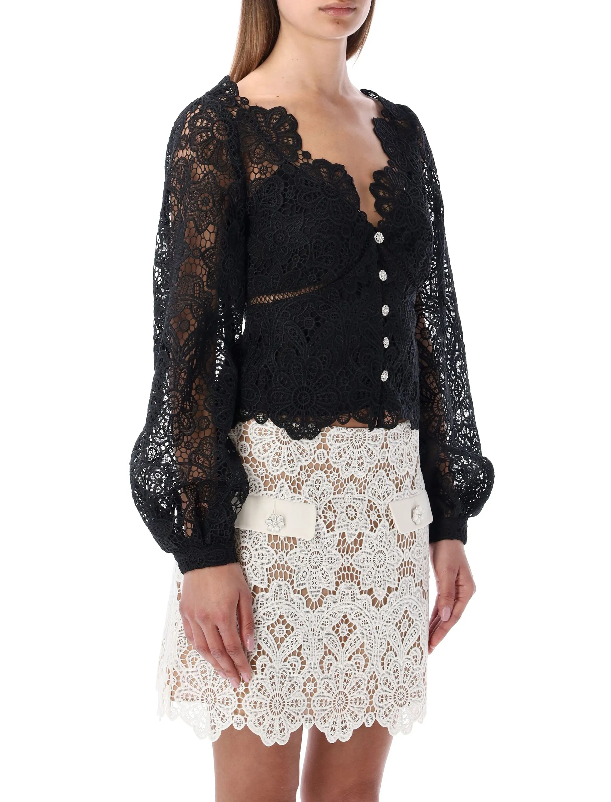 Self-Portrait Floral Guipure Puff-Sleeved Blouse