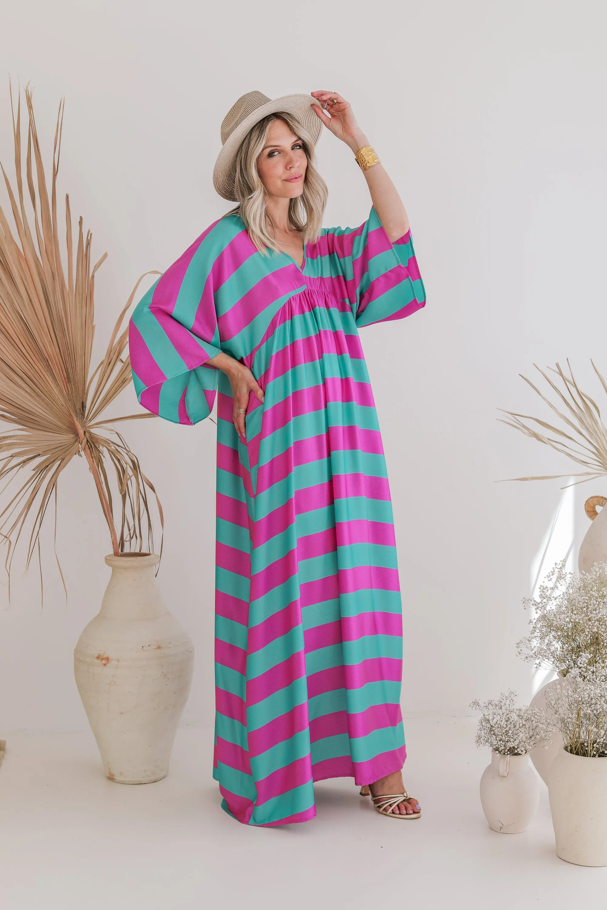 Silky Stripes Green/Violet - Maxi Jurk