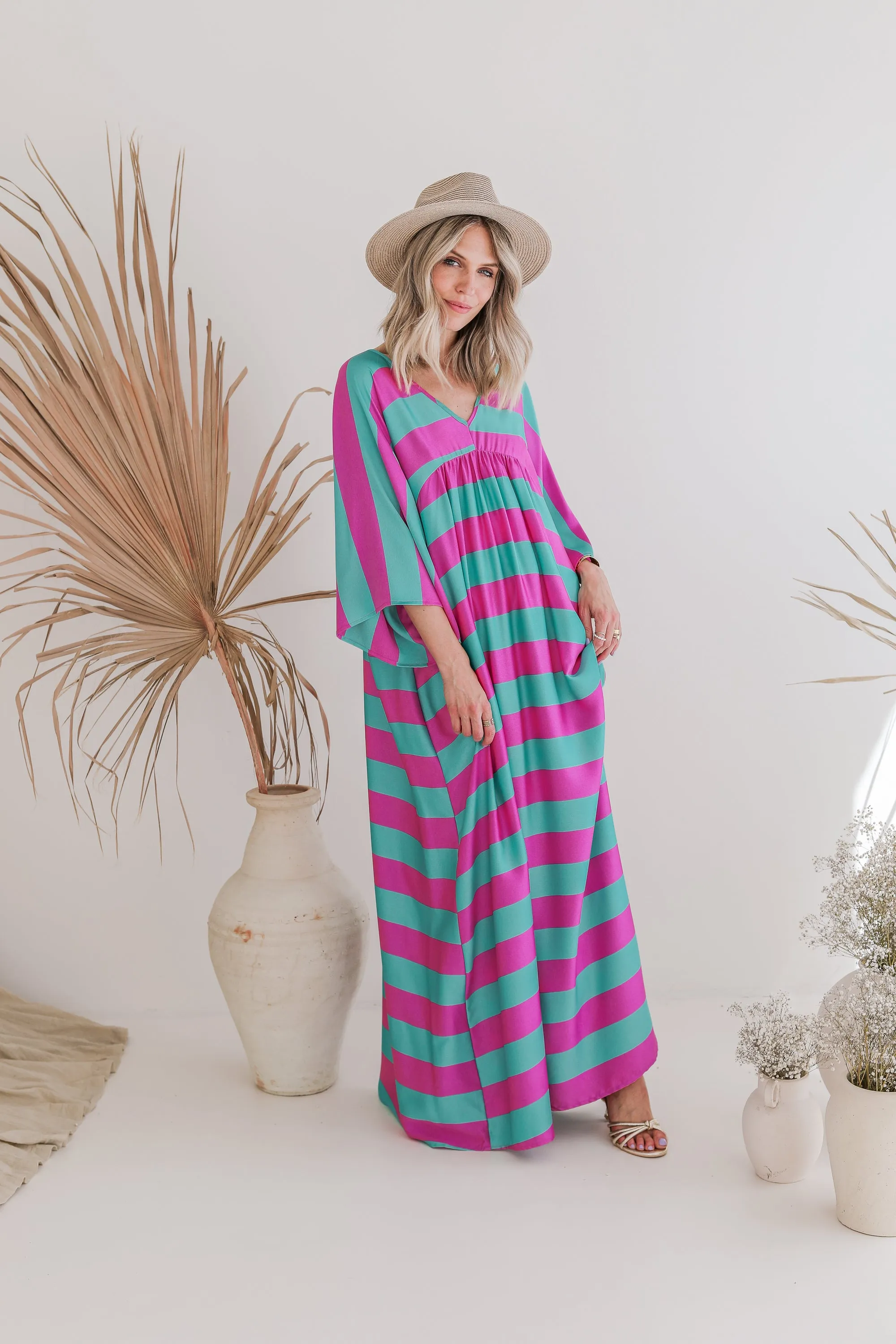 Silky Stripes Green/Violet - Maxi Jurk