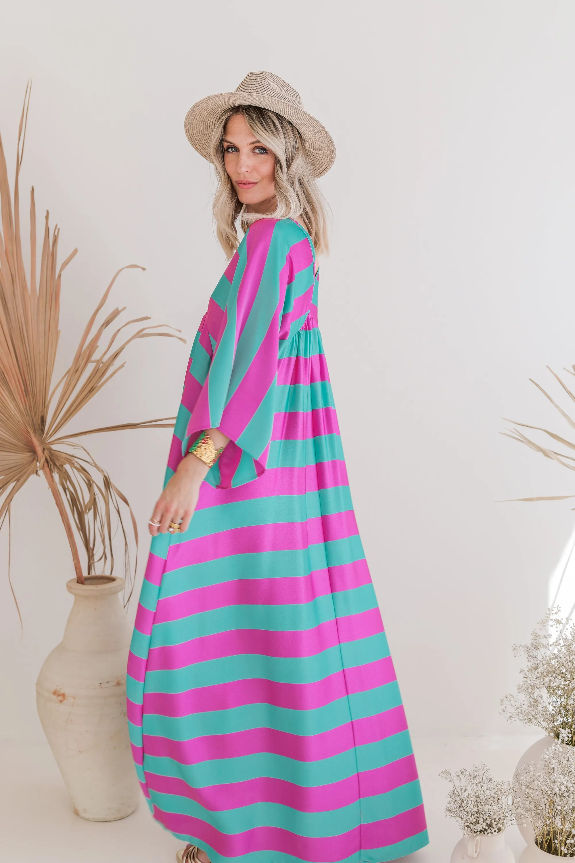 Silky Stripes Green/Violet - Maxi Jurk
