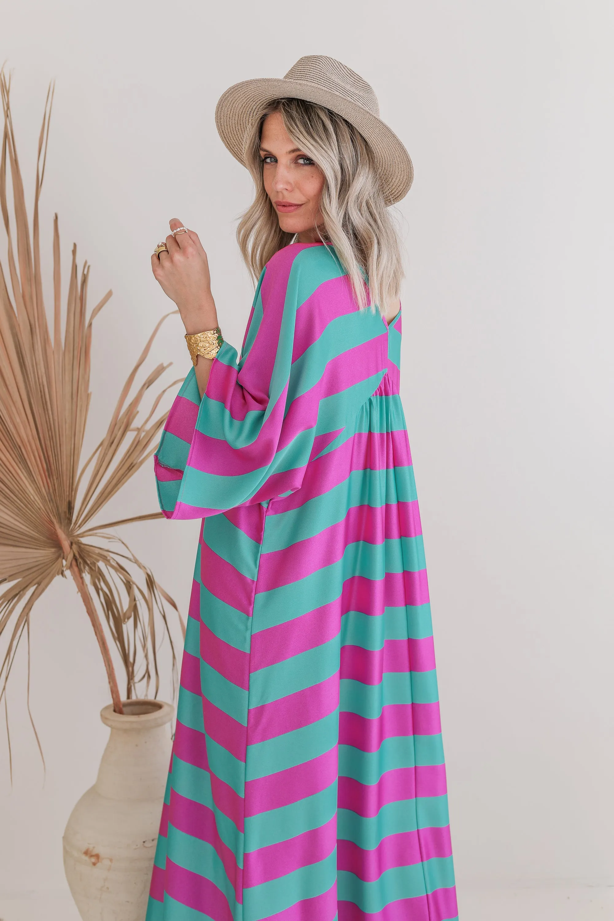 Silky Stripes Green/Violet - Maxi Jurk