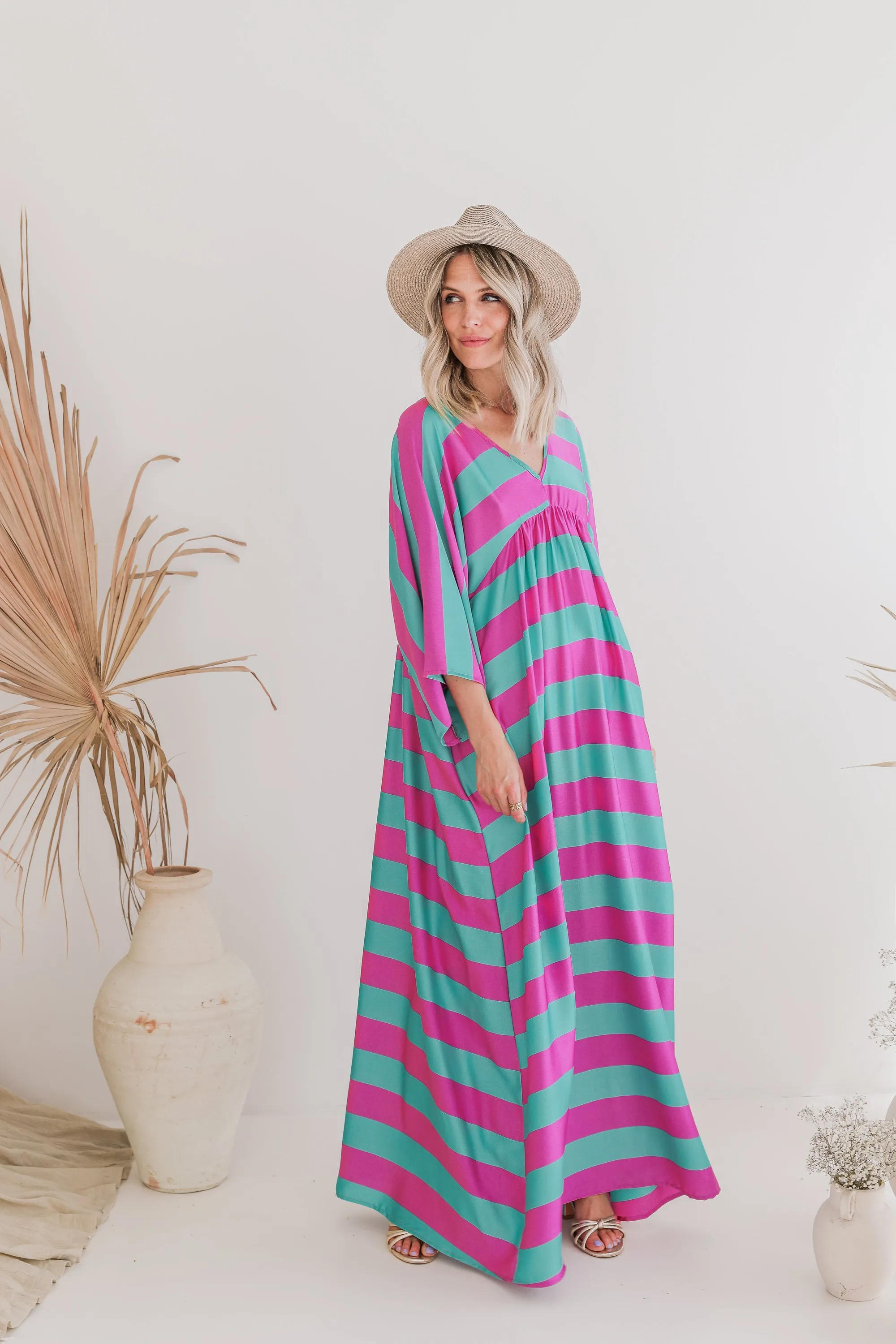 Silky Stripes Green/Violet - Maxi Jurk