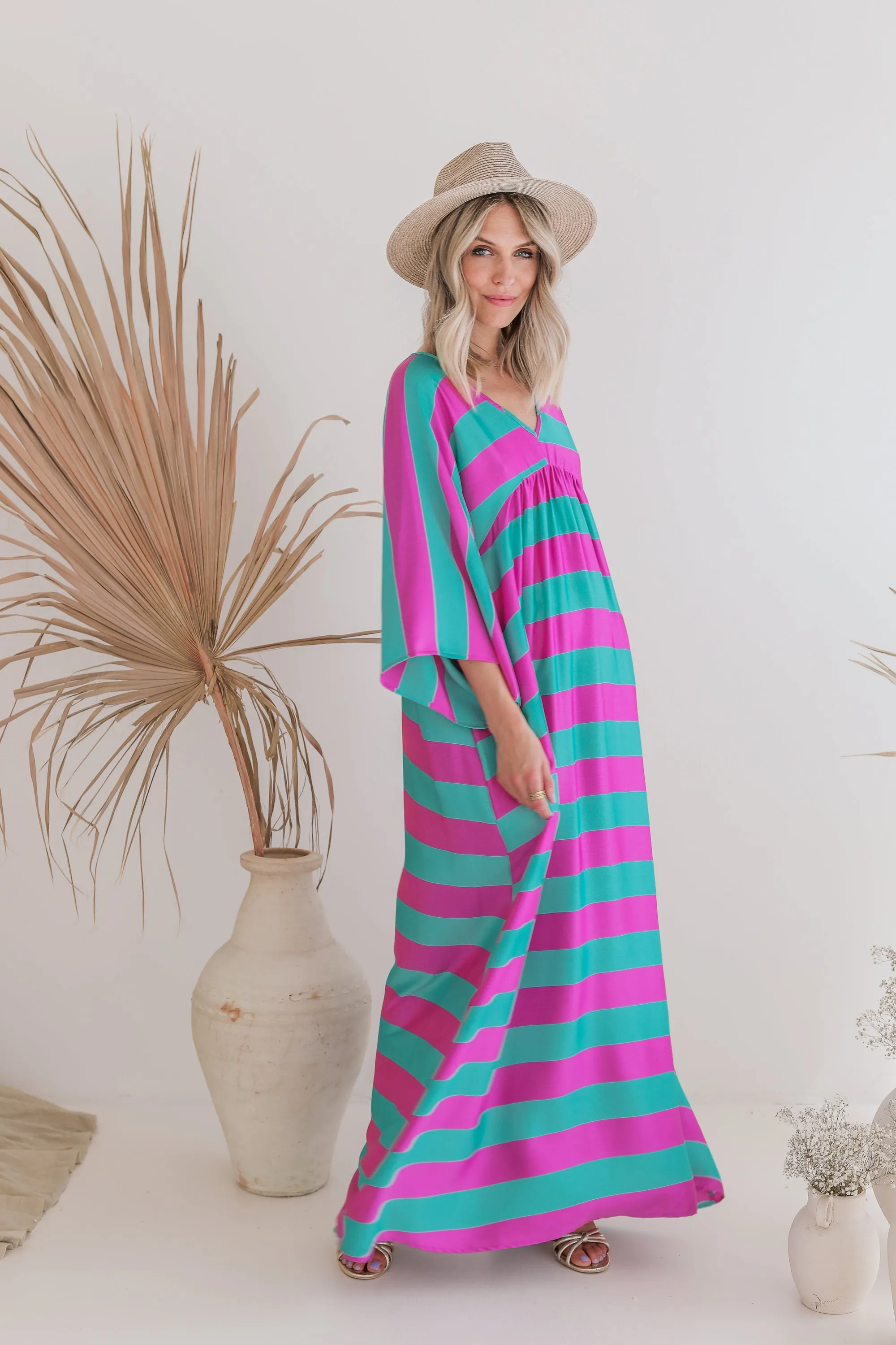 Silky Stripes Green/Violet - Maxi Jurk