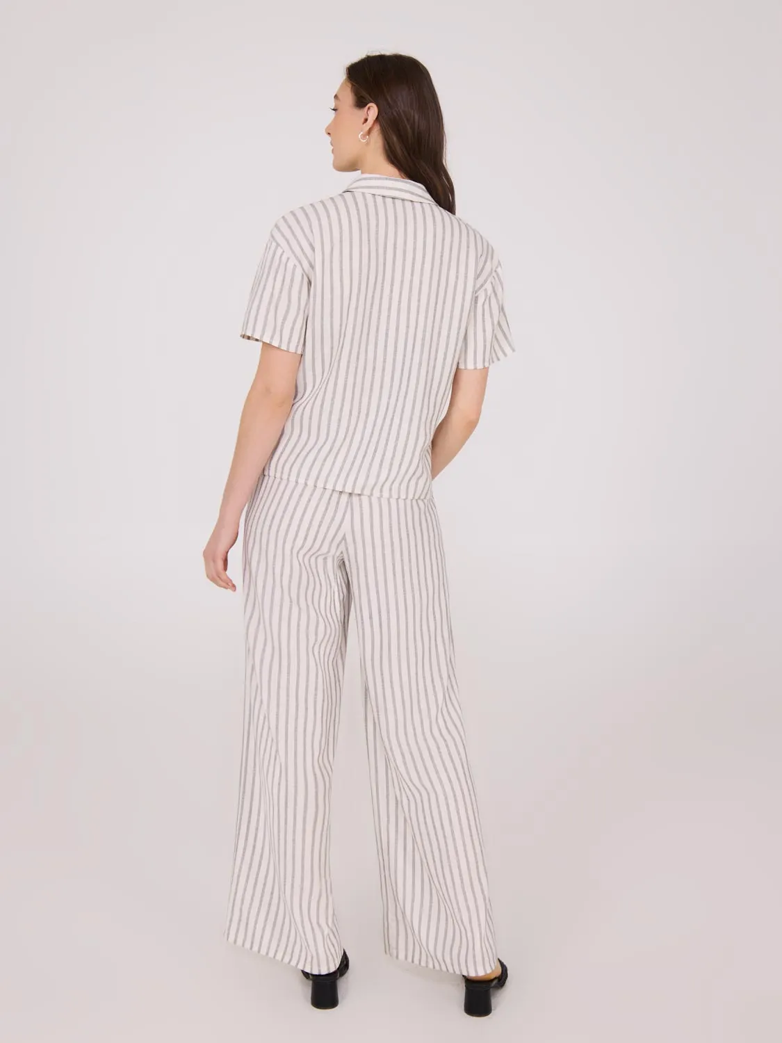 Striped Linen Blend Short Sleeve Blouse