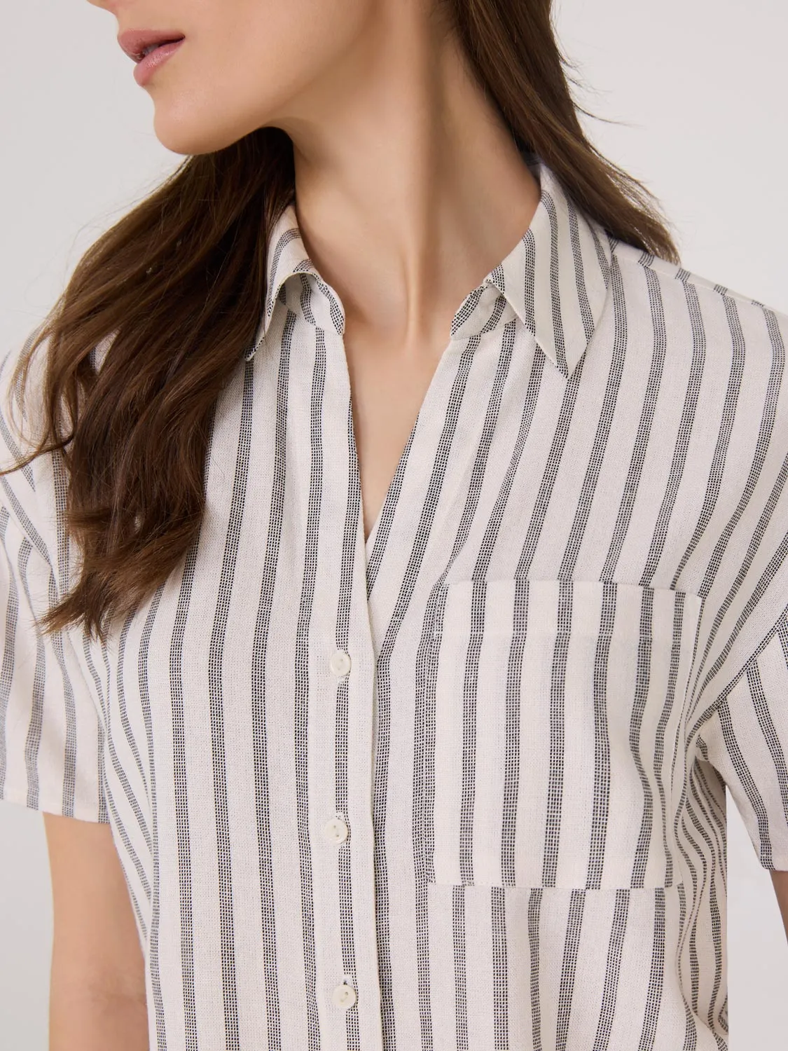 Striped Linen Blend Short Sleeve Blouse