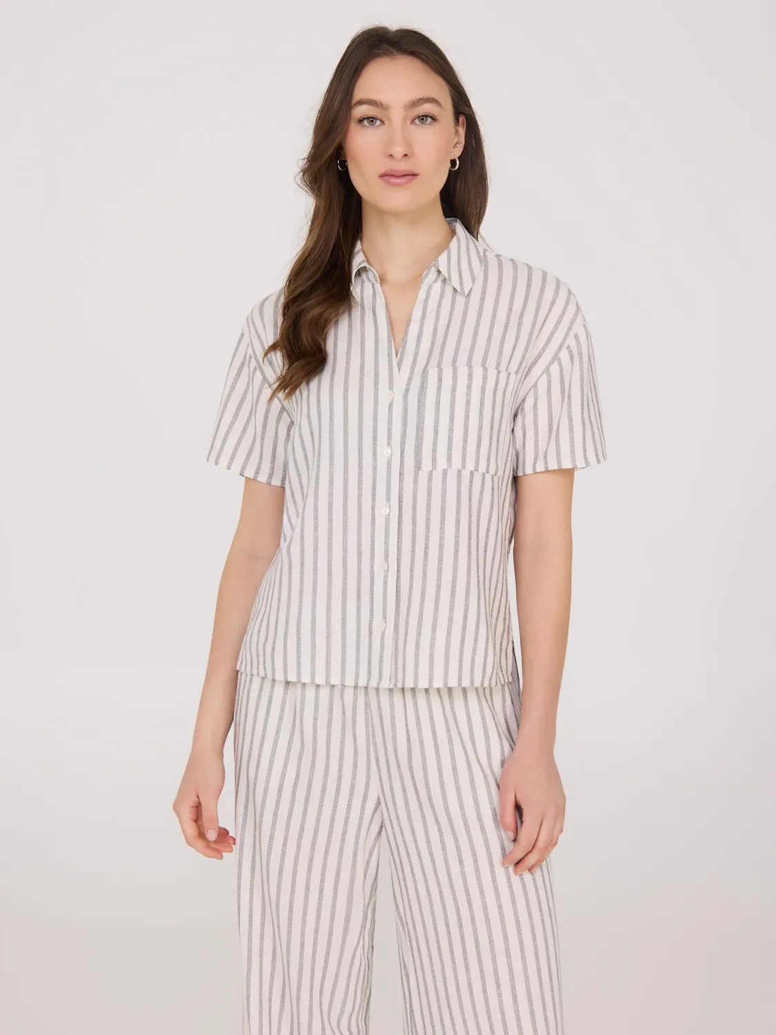 Striped Linen Blend Short Sleeve Blouse