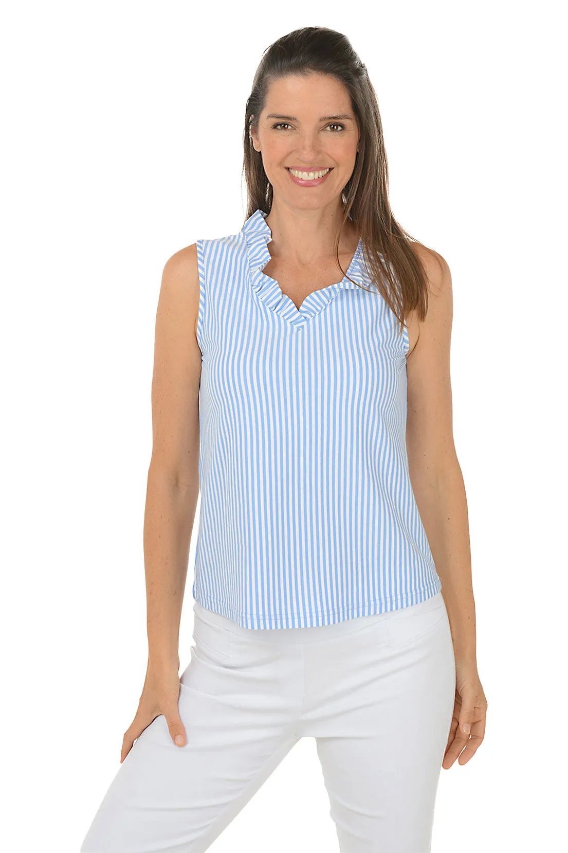Striped Sissy Sleeveless Ruffle Neck Top