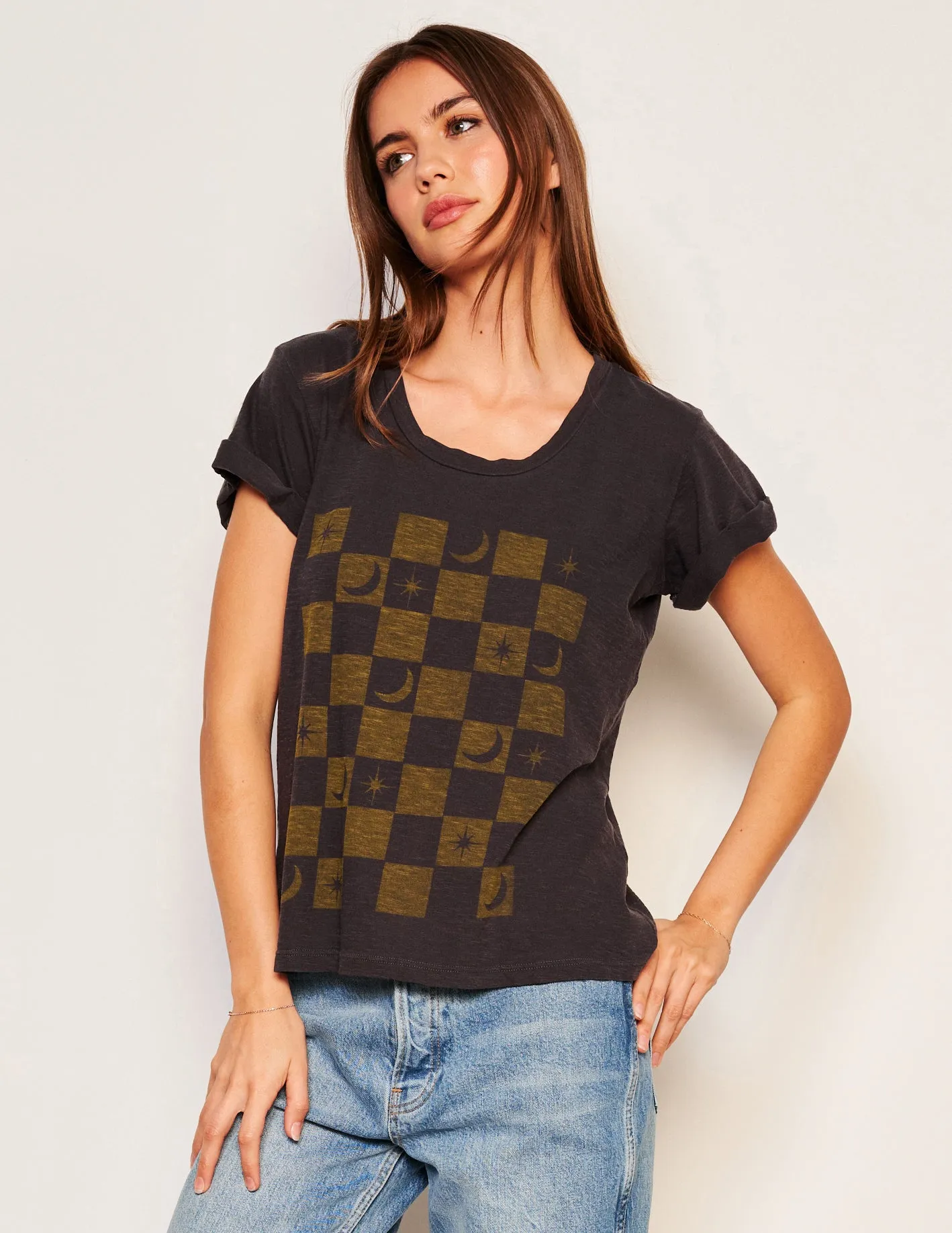 Sundry Checker Rolled Sleeve Tee in Washed Black
