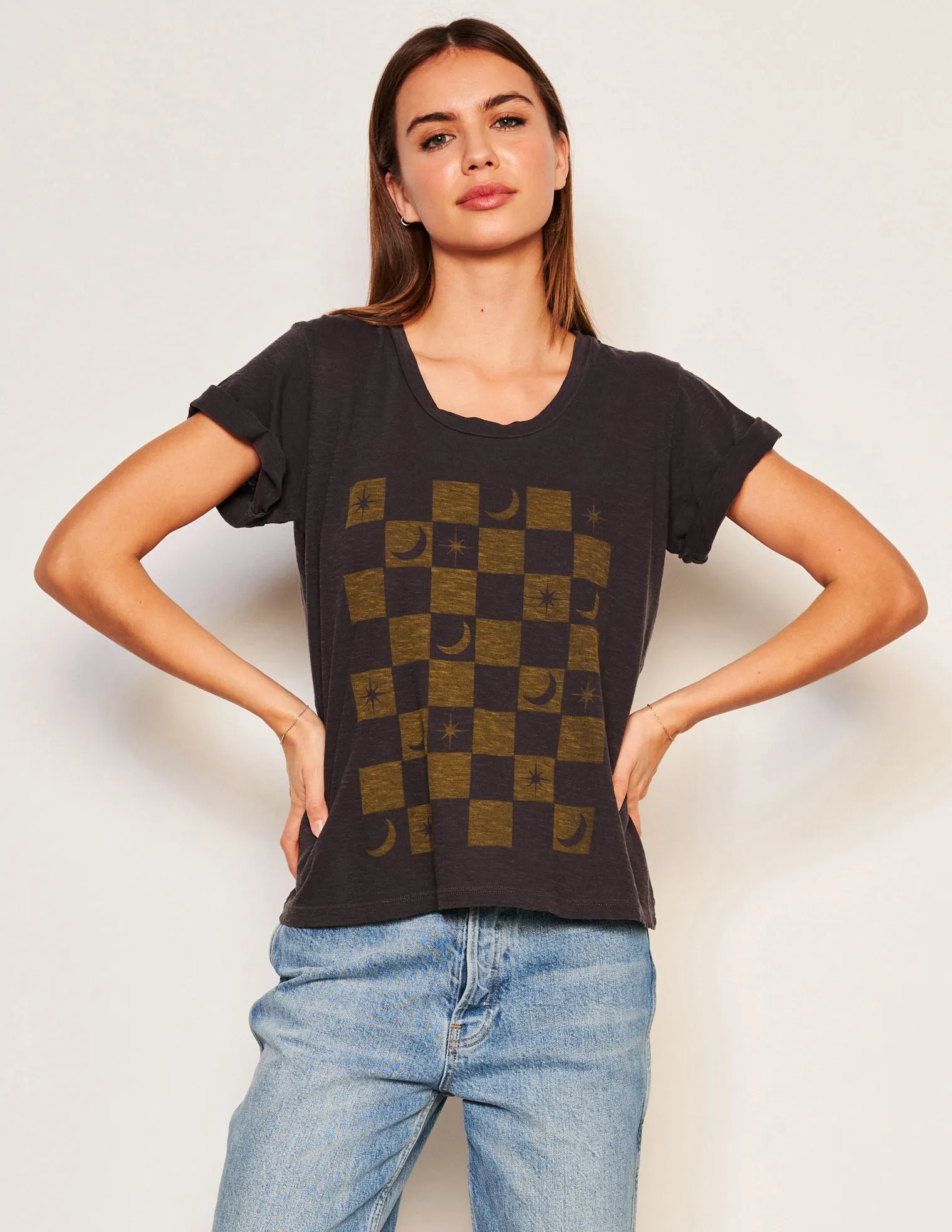 Sundry Checker Rolled Sleeve Tee in Washed Black