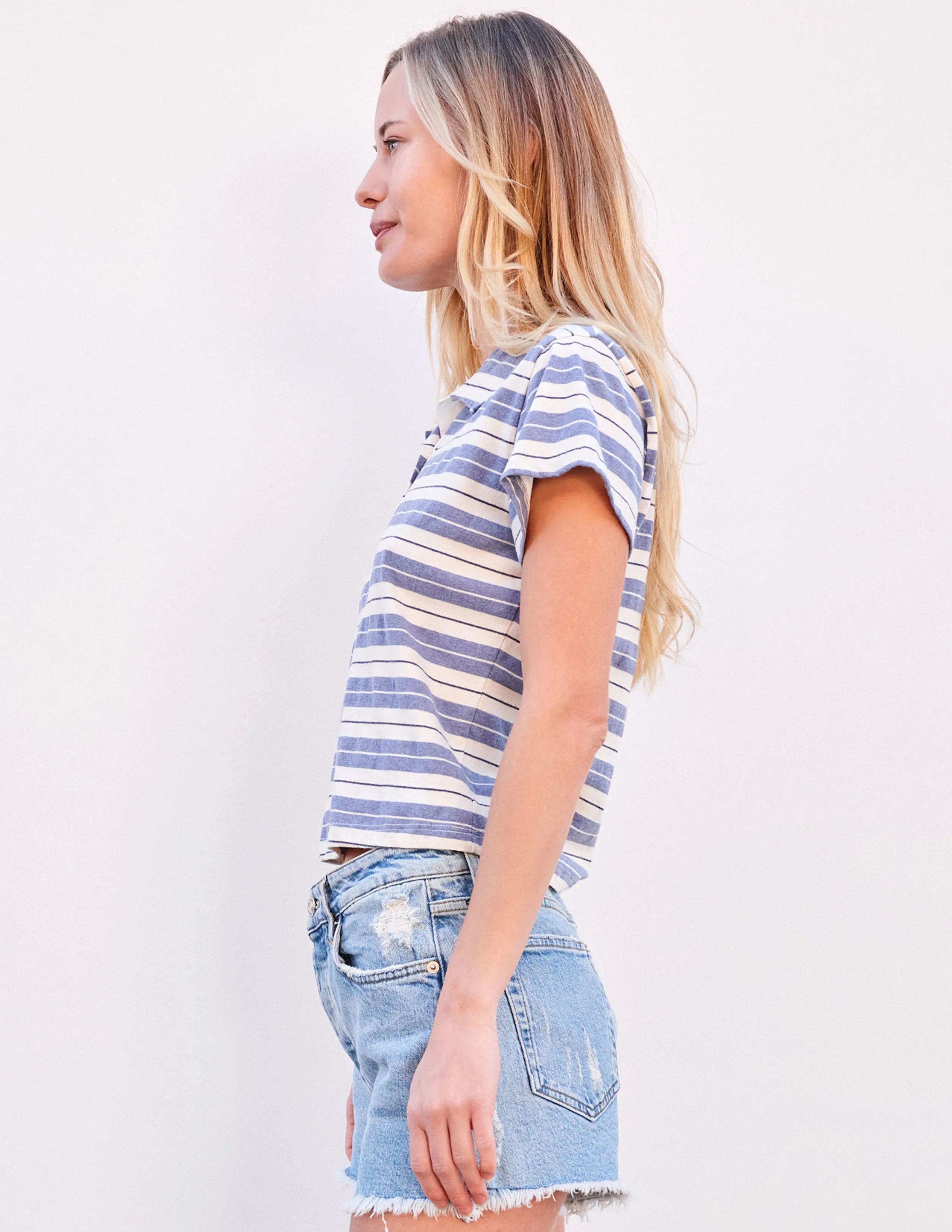 Sundry Harbor Stripe Shrunken Polo in Blue Linen