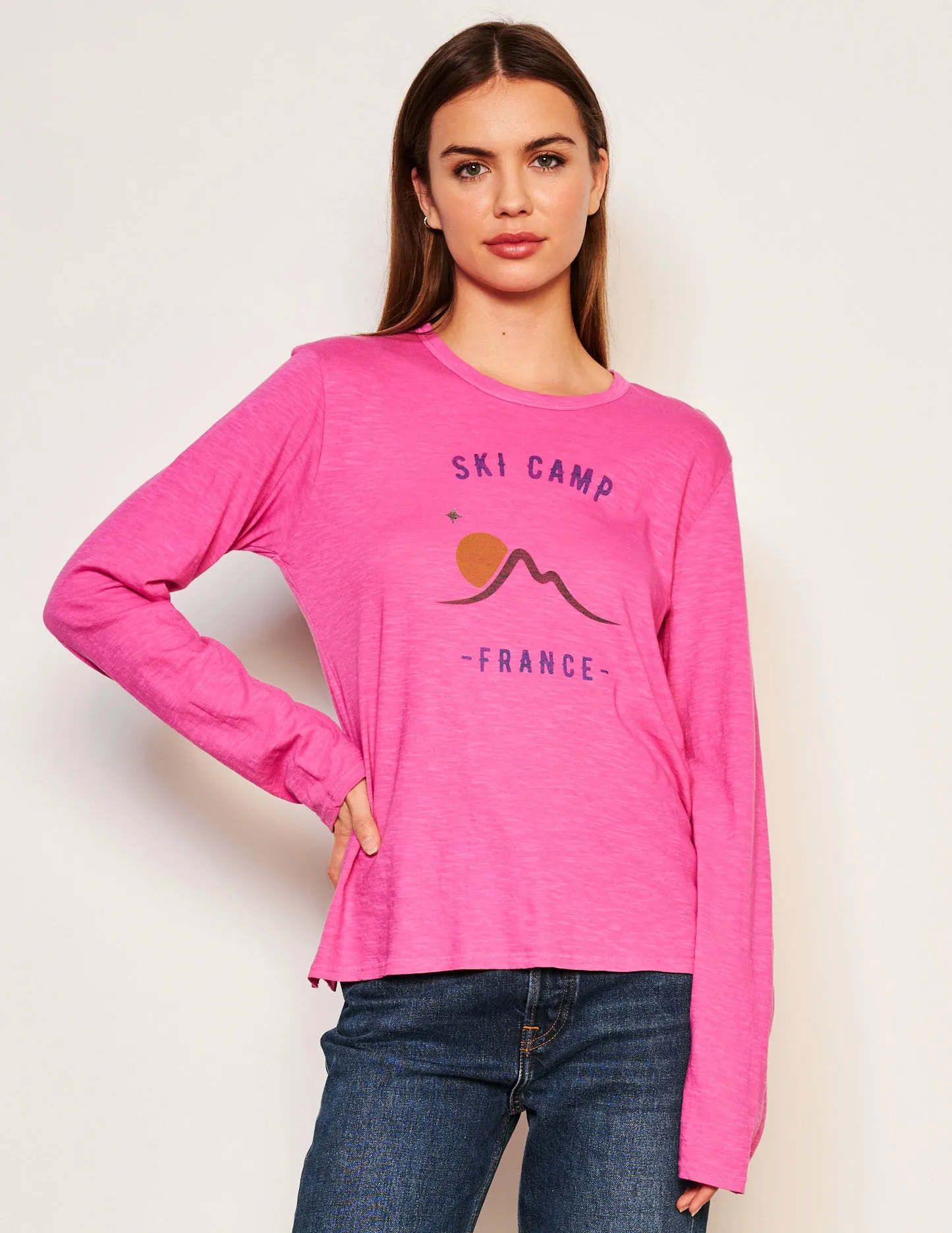 Sundry Ski Camp Long Sleeve Crew in Fuscia Gem