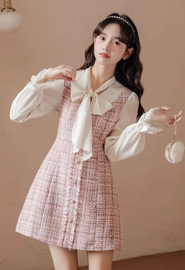 Tie Neck Tweed Mini Shift Dress (Pink)