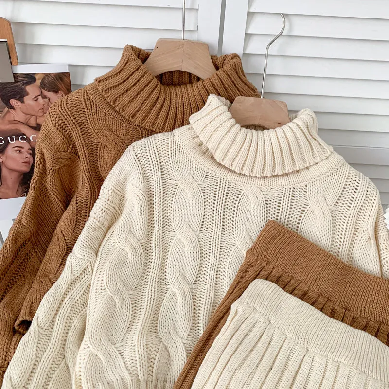 Turtleneck Cable Knit Cropped Sweater & Skirt Knit Set (4 Colors)
