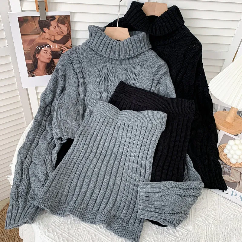 Turtleneck Cable Knit Cropped Sweater & Skirt Knit Set (4 Colors)