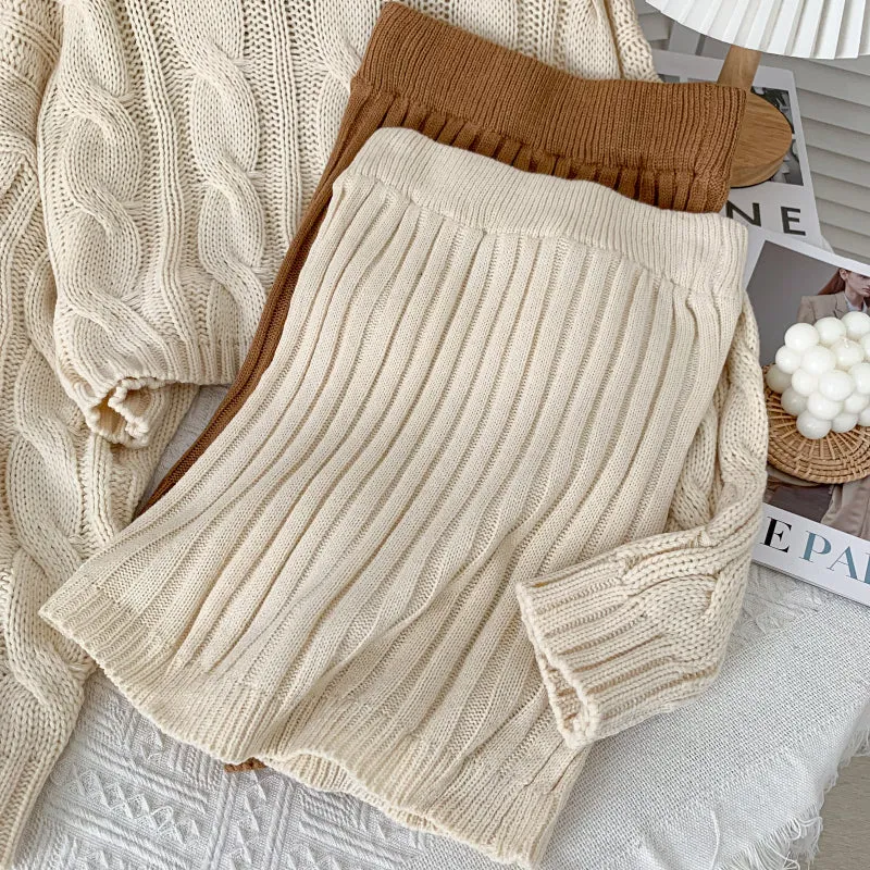Turtleneck Cable Knit Cropped Sweater & Skirt Knit Set (4 Colors)