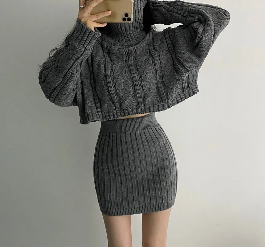 Turtleneck Cable Knit Cropped Sweater & Skirt Knit Set (4 Colors)