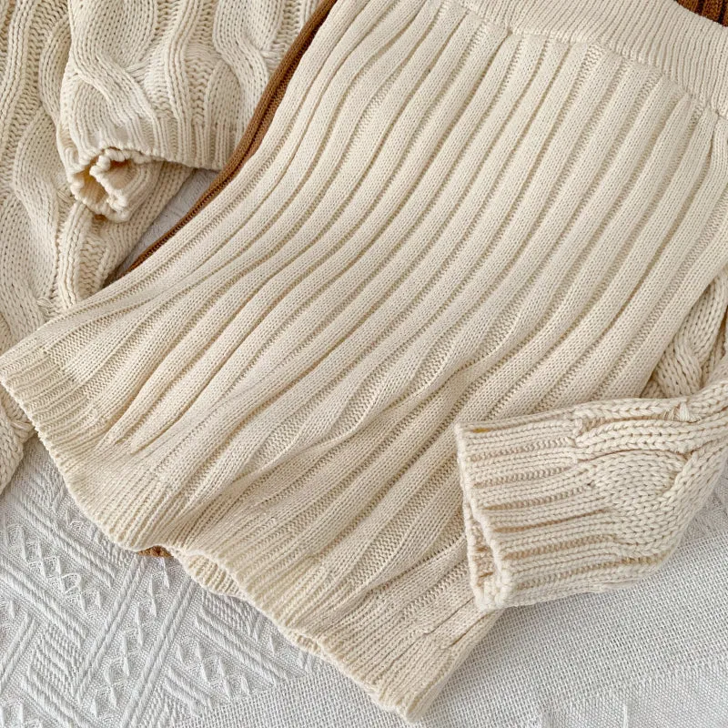 Turtleneck Cable Knit Cropped Sweater & Skirt Knit Set (4 Colors)