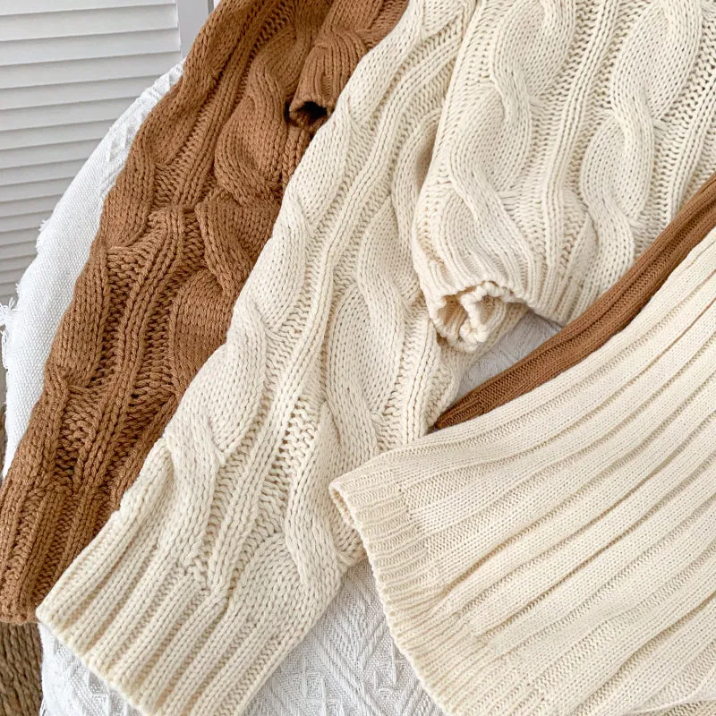 Turtleneck Cable Knit Cropped Sweater & Skirt Knit Set (4 Colors)