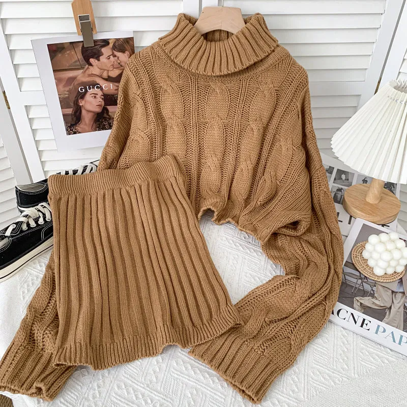 Turtleneck Cable Knit Cropped Sweater & Skirt Knit Set (4 Colors)