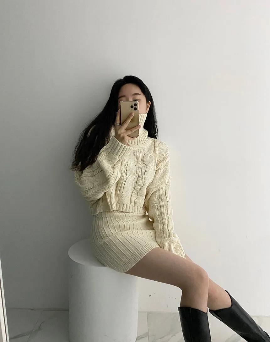 Turtleneck Cable Knit Cropped Sweater & Skirt Knit Set (4 Colors)