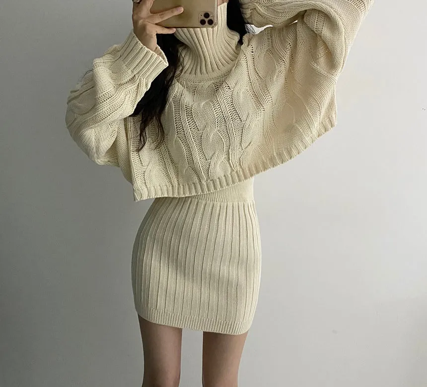 Turtleneck Cable Knit Cropped Sweater & Skirt Knit Set (4 Colors)