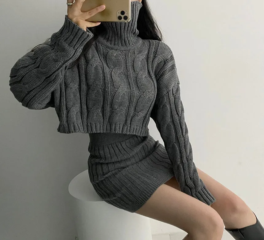 Turtleneck Cable Knit Cropped Sweater & Skirt Knit Set (4 Colors)