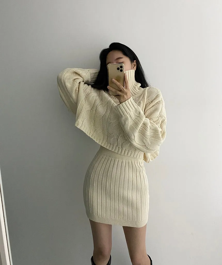 Turtleneck Cable Knit Cropped Sweater & Skirt Knit Set (4 Colors)