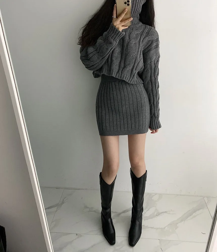 Turtleneck Cable Knit Cropped Sweater & Skirt Knit Set (4 Colors)