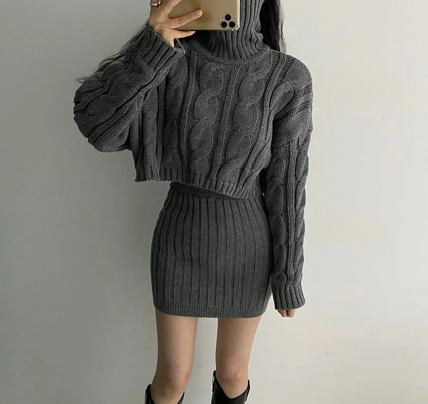 Turtleneck Cable Knit Cropped Sweater & Skirt Knit Set (4 Colors)