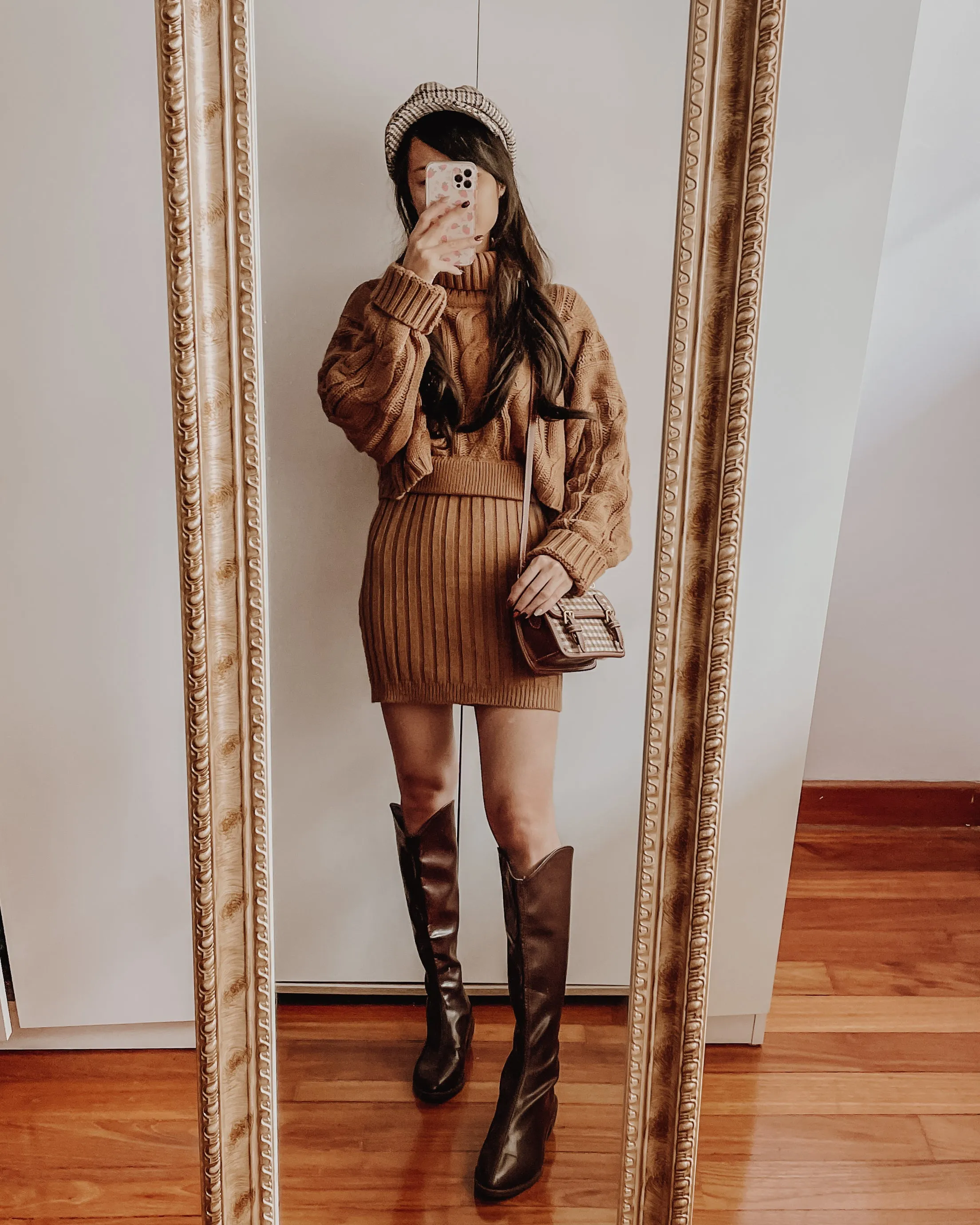 Turtleneck Cable Knit Cropped Sweater & Skirt Knit Set (4 Colors)