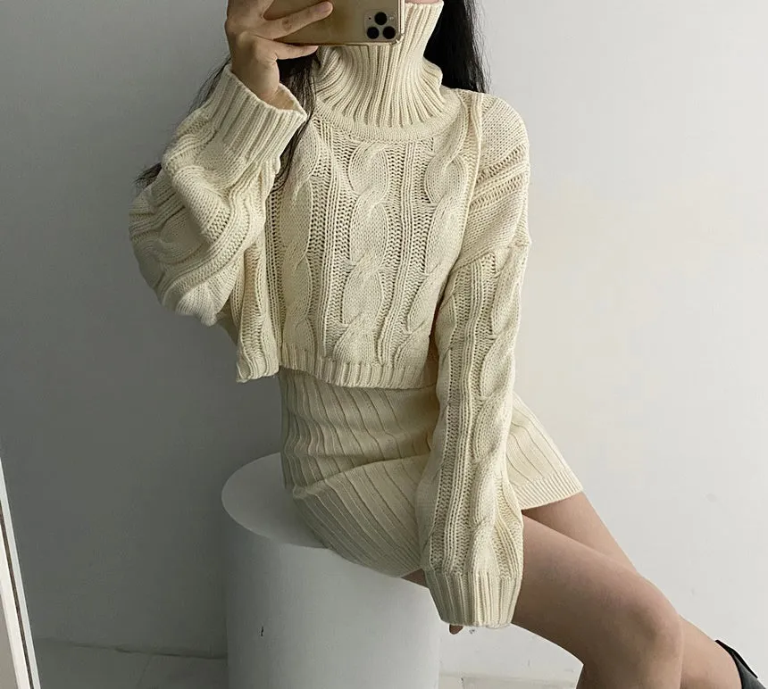 Turtleneck Cable Knit Cropped Sweater & Skirt Knit Set (4 Colors)
