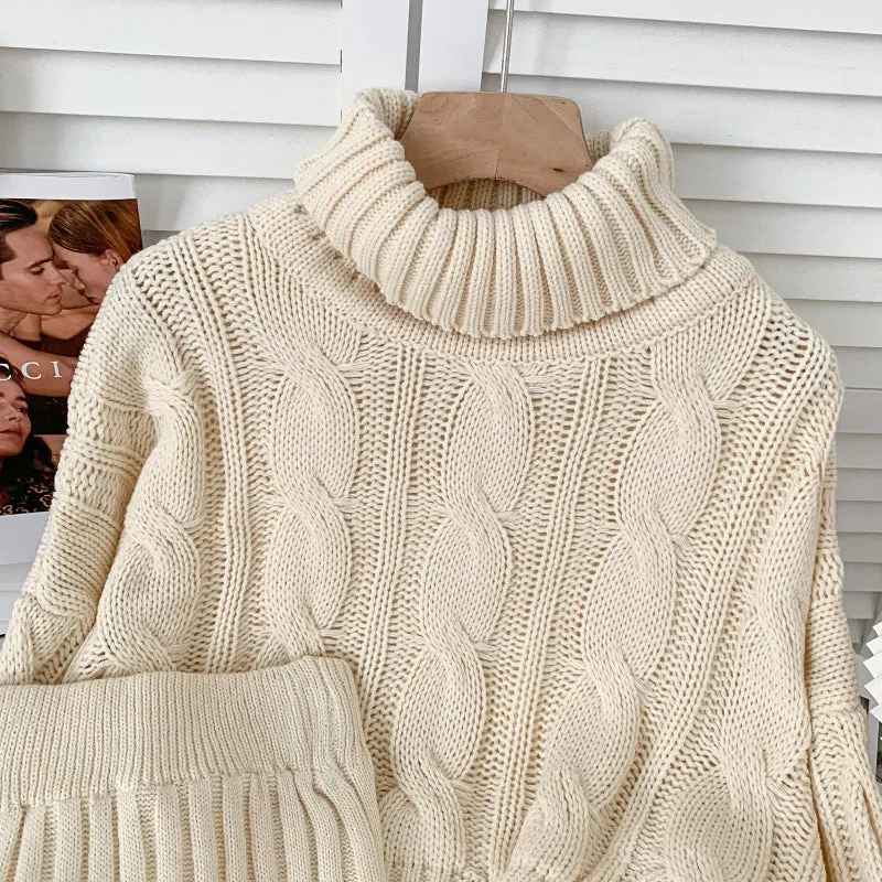 Turtleneck Cable Knit Cropped Sweater & Skirt Knit Set (4 Colors)