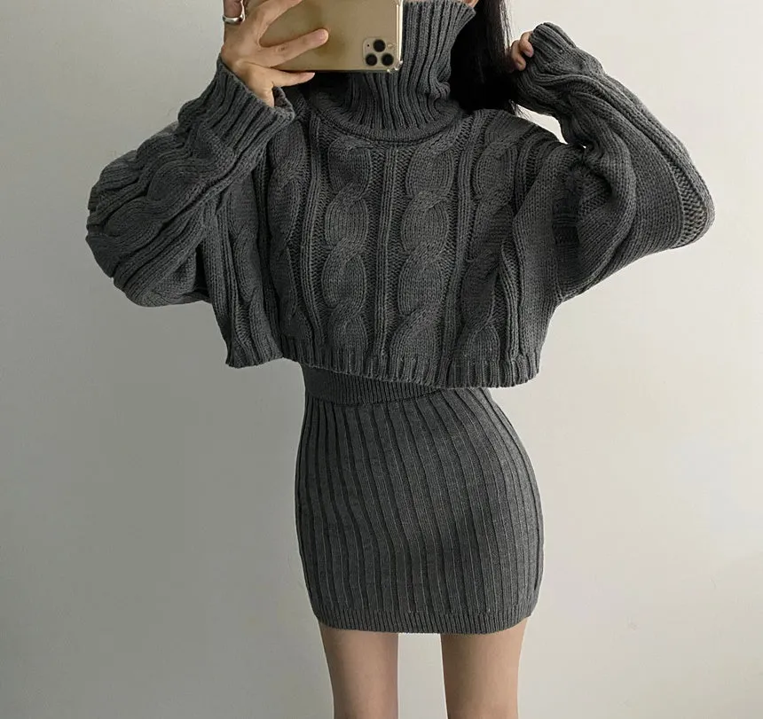 Turtleneck Cable Knit Cropped Sweater & Skirt Knit Set (4 Colors)