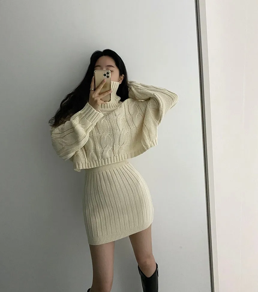 Turtleneck Cable Knit Cropped Sweater & Skirt Knit Set (4 Colors)