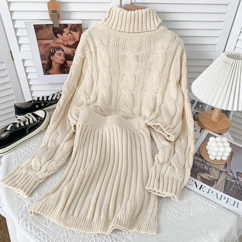Turtleneck Cable Knit Cropped Sweater & Skirt Knit Set (4 Colors)