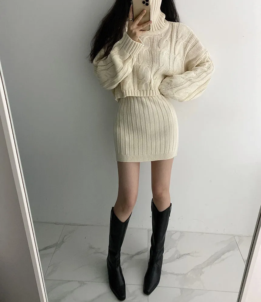 Turtleneck Cable Knit Cropped Sweater & Skirt Knit Set (4 Colors)