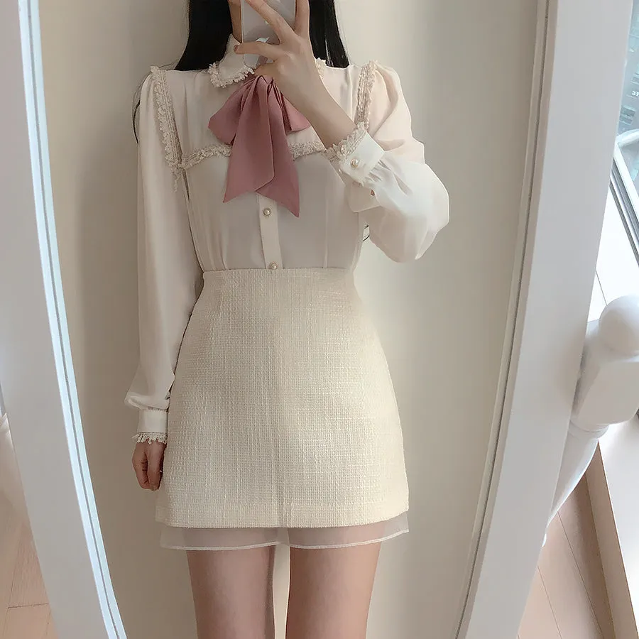 Tweed Trim Button Up Shirt (2 Colors)