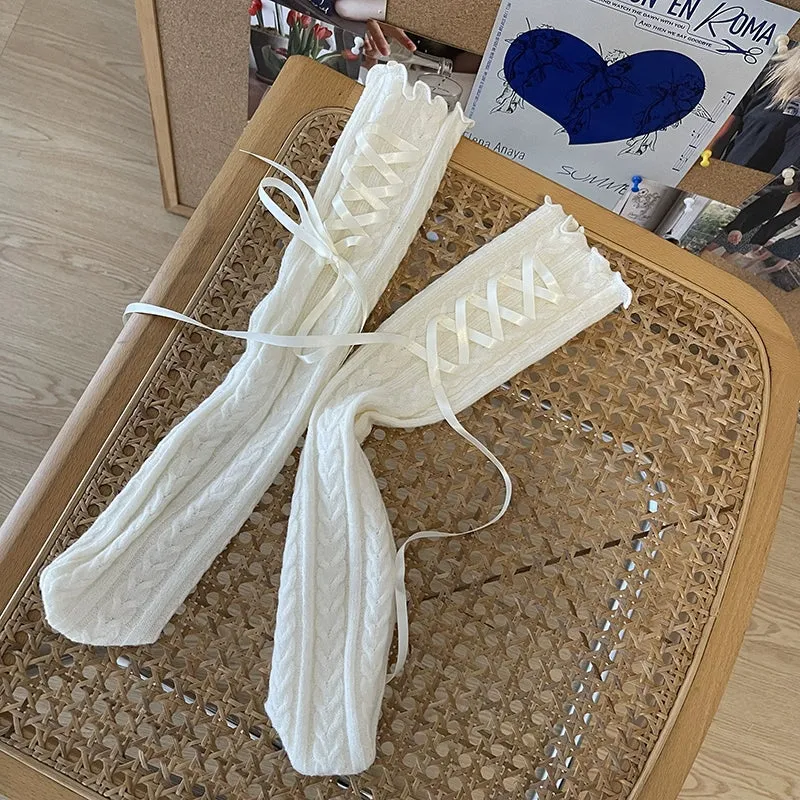Twist Pattern Lace Up Crew Socks